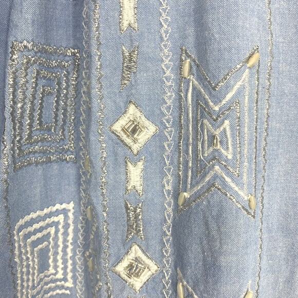 Go Softly Denim Patio Dress Plus Sz 1X Embroidered Beaded Button Front Pockets - Picture 4 of 7